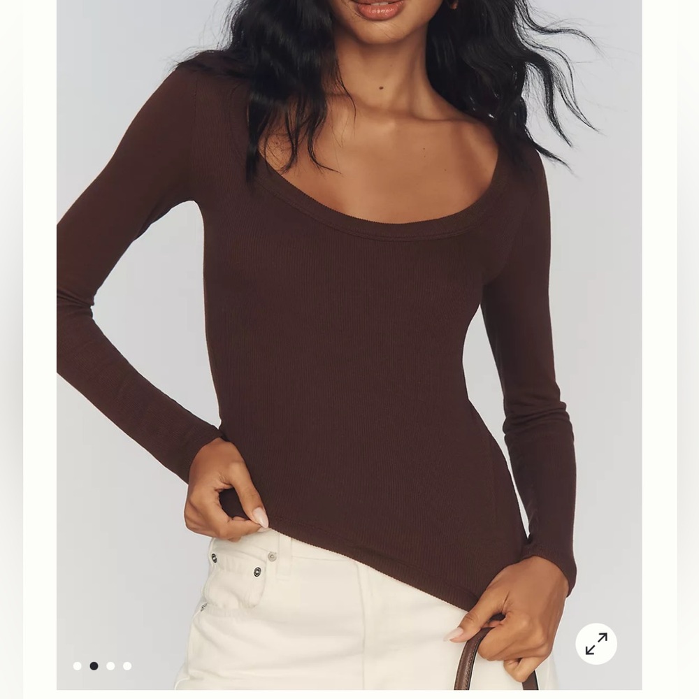 l*space Brown Ribbed Long Sleeve Scoop Neck Top NWOT